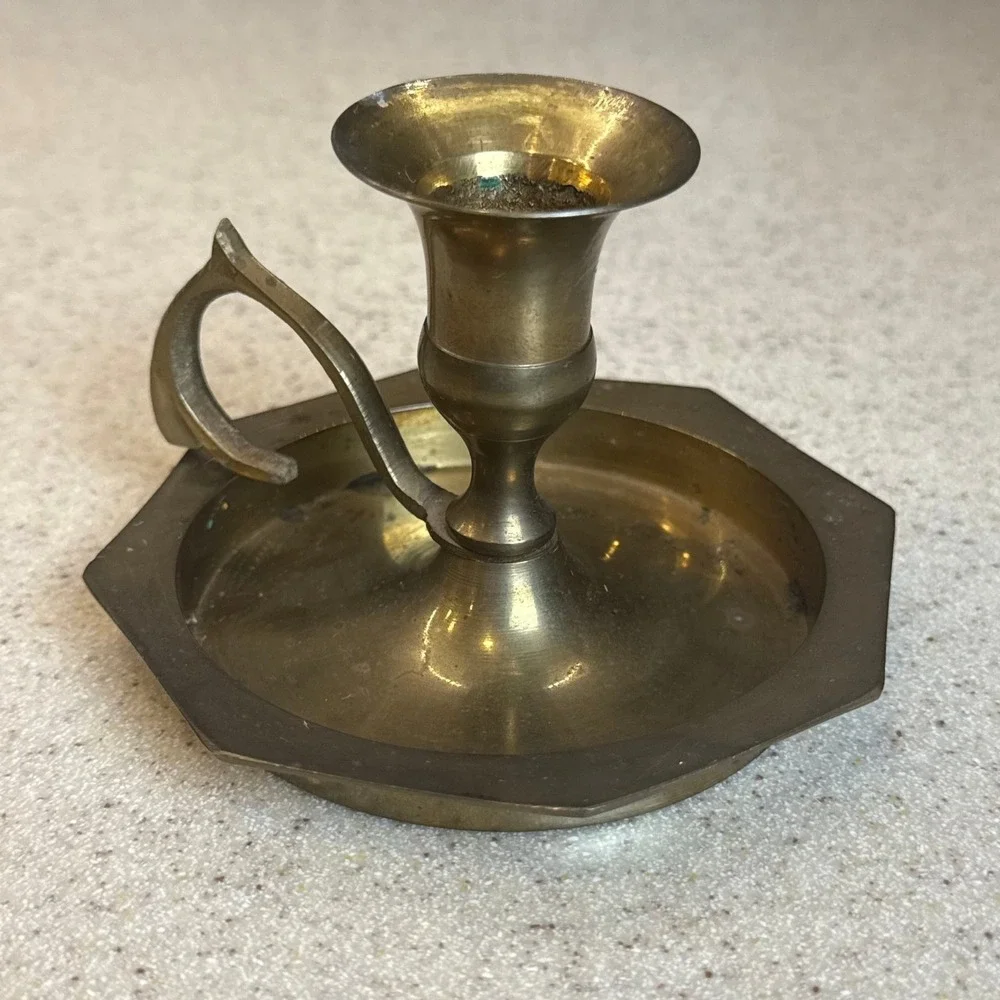 Vintage Archana Handicrafts Brass Chamberstick Candle Holder Octagon Base India